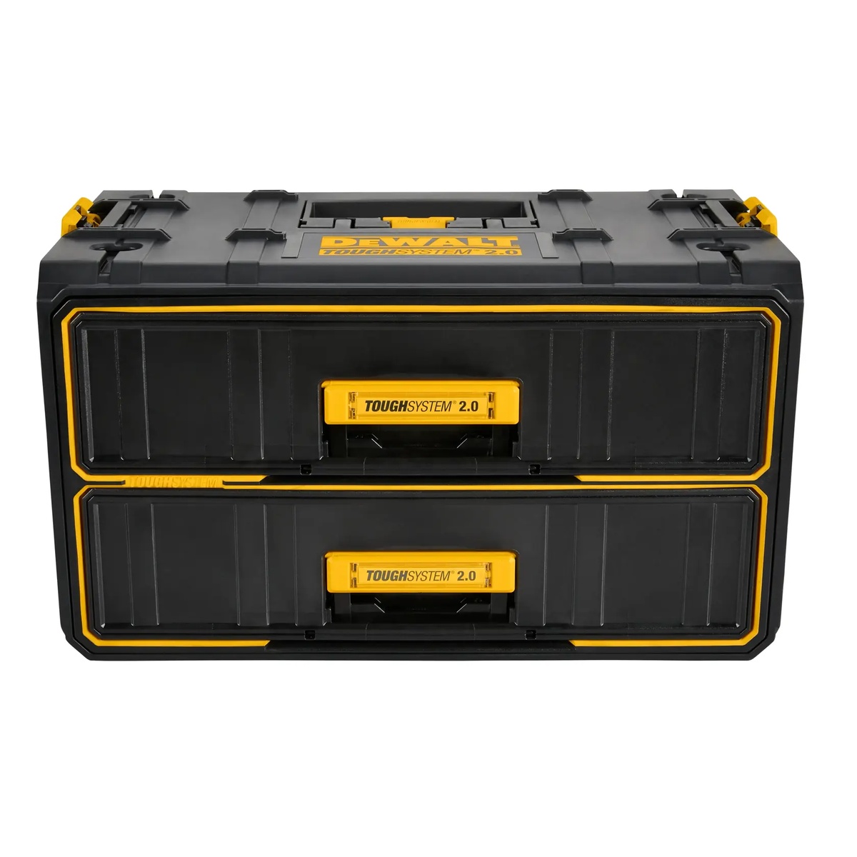 DEWALT TOUGHSYSTEM 2.0 Two-Drawer Unit tool storage box shown from the front on a white background, highlighting the two deep drawers and integrated handles for organized jobsite storage