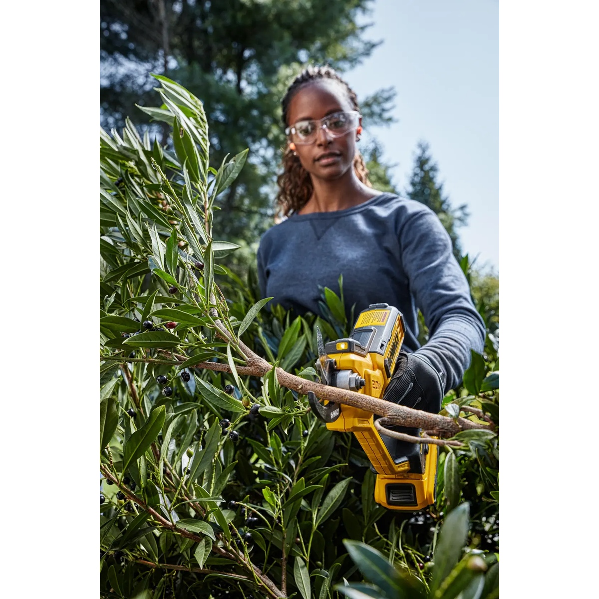 DEWALT DCPR320B 20V MAX 1-1/2 in. cordless pruner trimming a shrub branch outdoors with the LED visible in garden maintenance work
