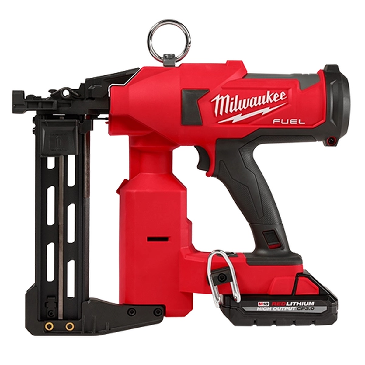 Milwaukee 2843-22 M18 FUEL Utility Fencing Stapler Kit shown in profile with battery installed for cordless fence post stapling work on utility and agricultural jobs