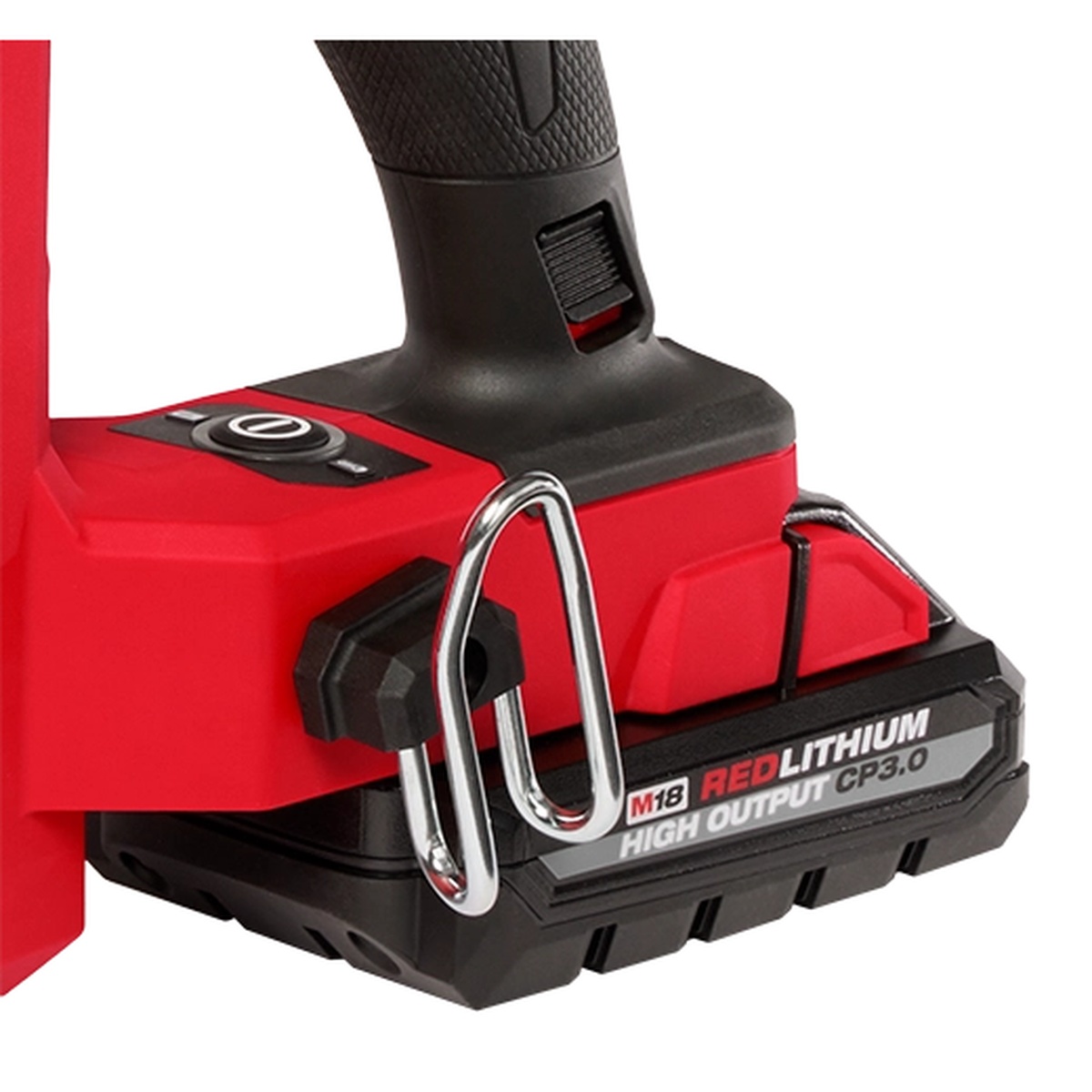 Milwaukee 2843-22 M18 FUEL Utility Fencing Stapler Kit battery interface and belt hook detail shown for jobsite carry and quick access during fence installation