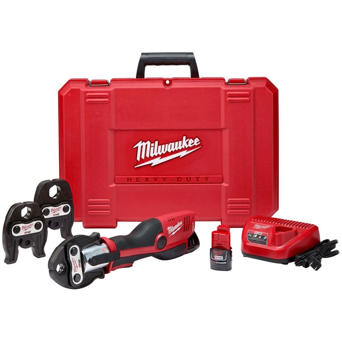 Milwaukee 2473-22 M12 FORCE LOGIC Press Tool Kit with jaws, battery, charger, and case arranged for plumbing service work on copper pipe installations