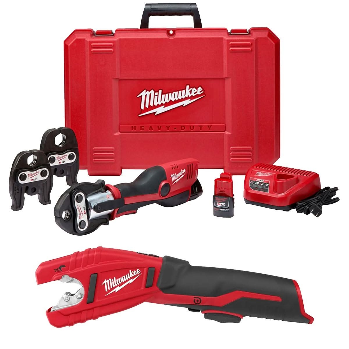Milwaukee 2473-22 M12 FORCE LOGIC press tool kit and copper tubing cutter bundled together for copper pipe pressing and cutting on service calls