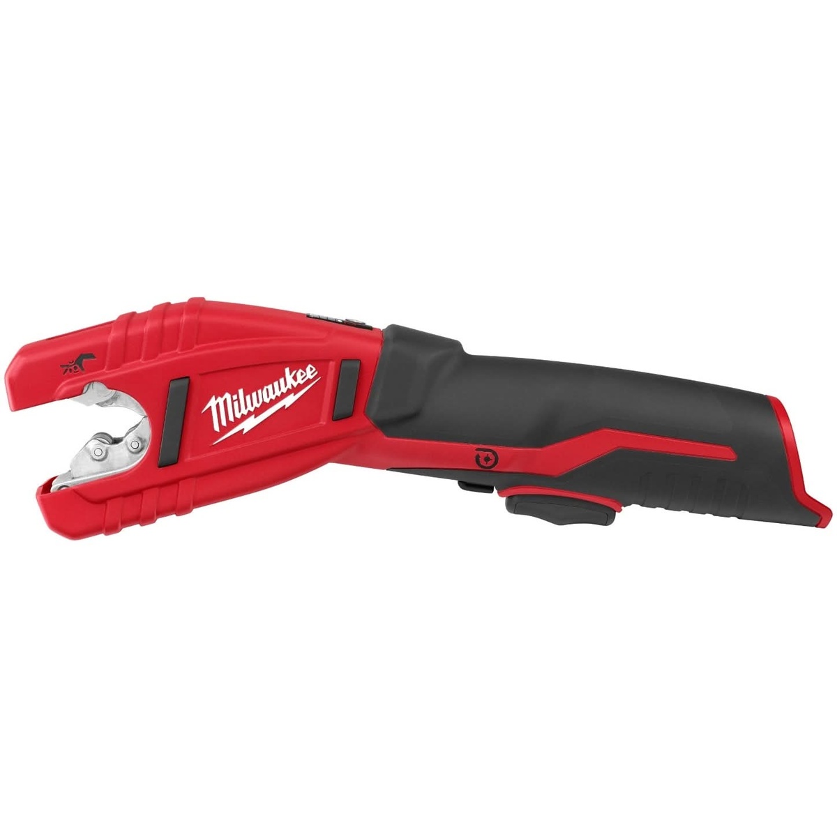 Milwaukee M12 cordless copper tubing cutter shown in profile for cutting installed copper tubing in remodeling and plumbing service work