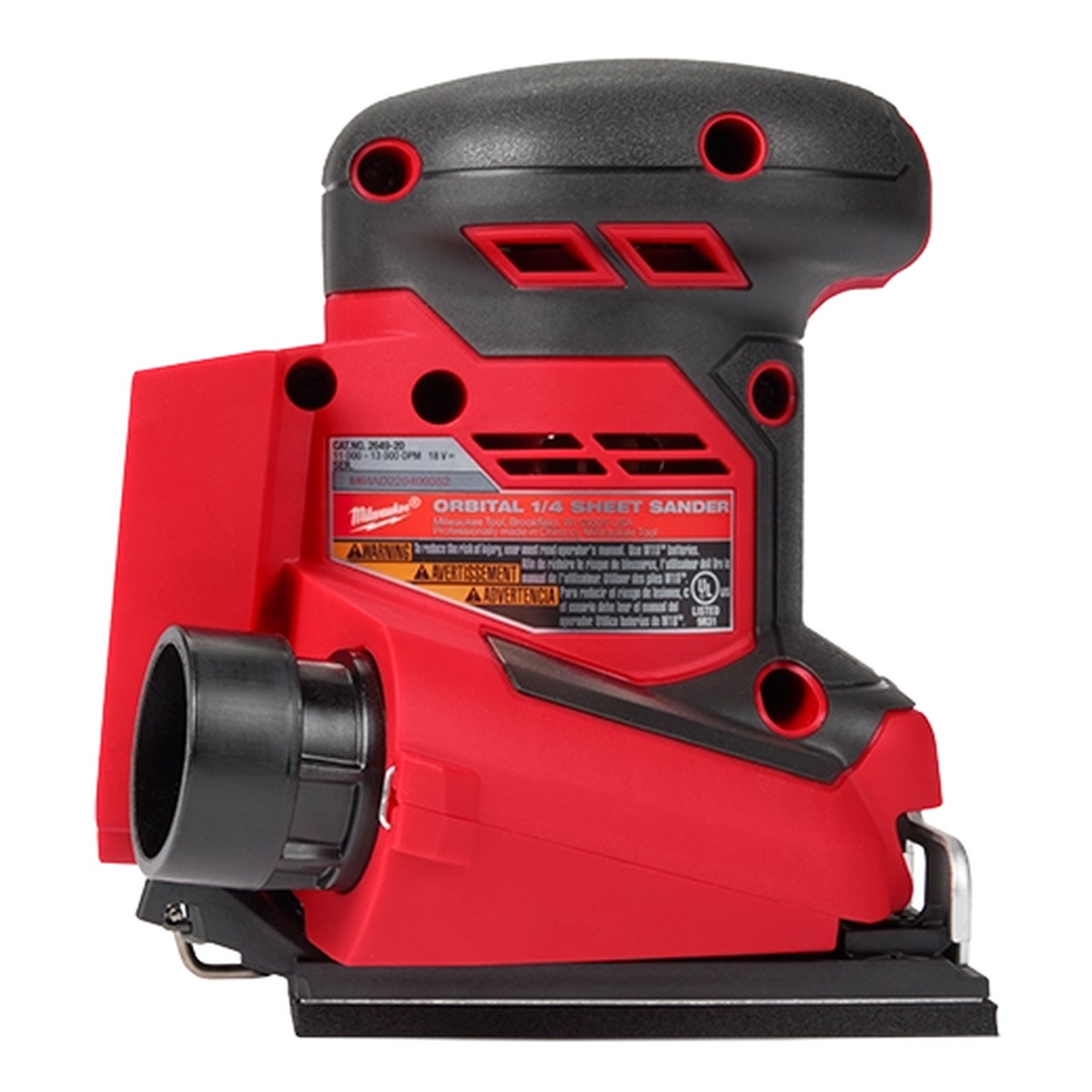Milwaukee 2649-20 M18 Orbital 1/4 Sheet Sander close-up showing dust port for cleaner sanding and vacuum connection