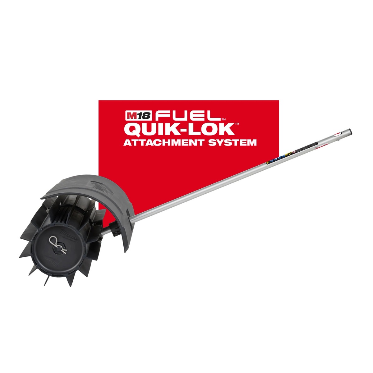 Milwaukee 49-16-2740 M18 FUEL QUIK-LOK Rubber Broom Attachment shown as a split boom attachment for the Milwaukee outdoor power head system