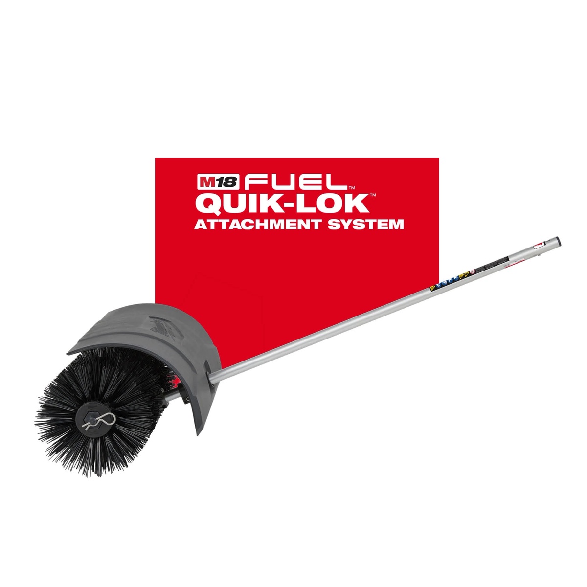 Milwaukee M18 FUEL QUIK-LOK Bristle Brush Attachment shown as a split-boom debris clearing attachment for moving mulch and dirt from hard surfaces around outdoor work areas