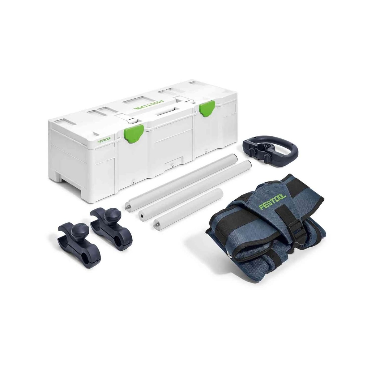 Festool 576802 PLANEX Drywall Sander Harness TG-LHS 225 w/ Systainer3 kit laid out with harness, support parts, and Systainer case on a white background