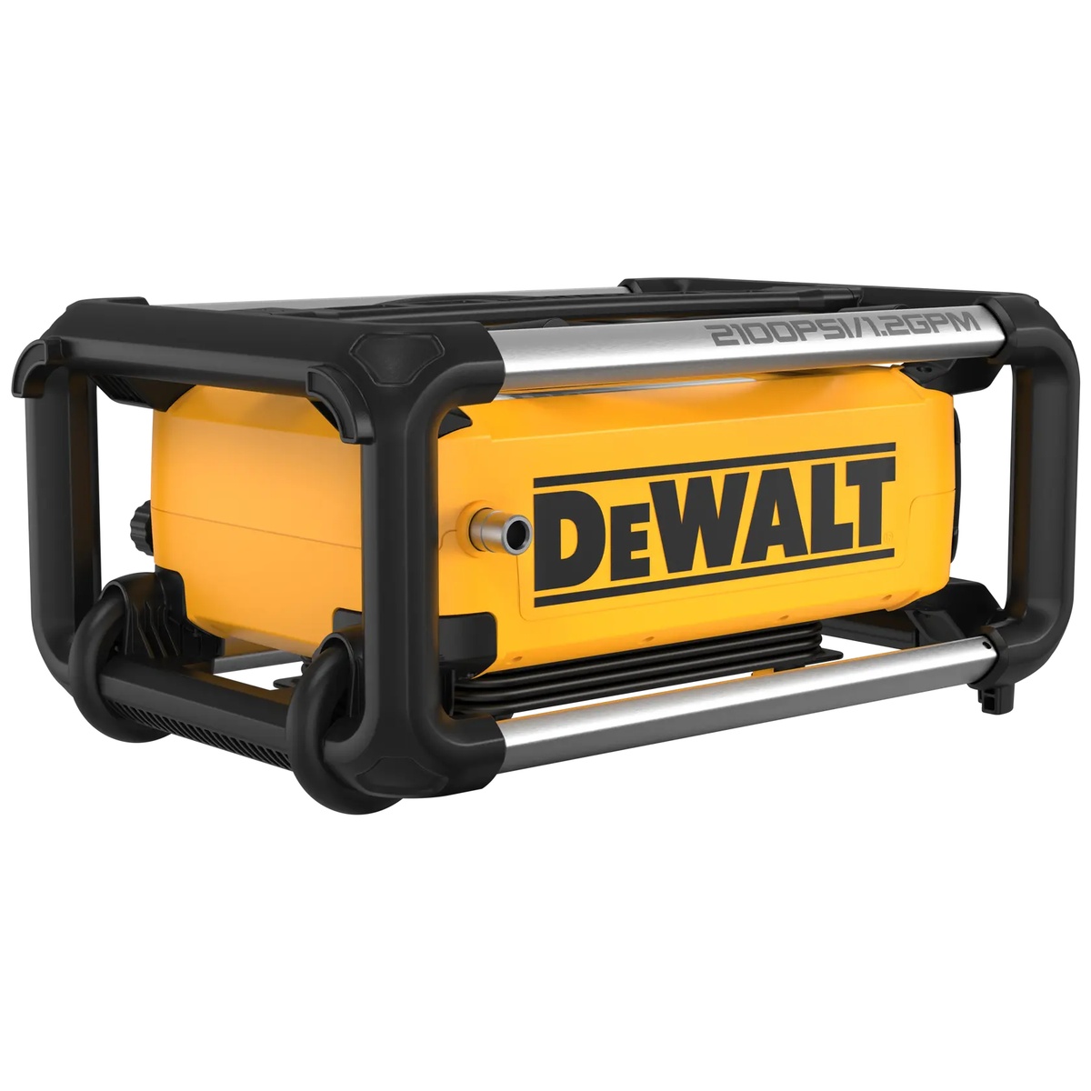 DEWALT 2100 PSI 1.2 GPM Electric Jobsite Pressure Washer product view showing compact roll cage frame, integrated wheels, and portable jobsite design