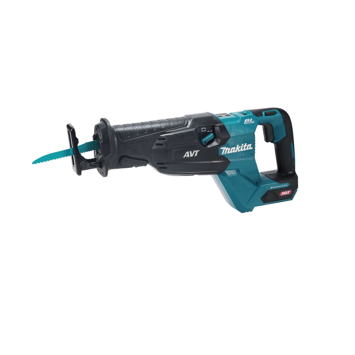 Makita GRJ02Z 40V max XGT Brushless Cordless AVT Orbital Recipro Saw, Tool Only shown with blade installed for demolition and rough cutting work on a jobsite