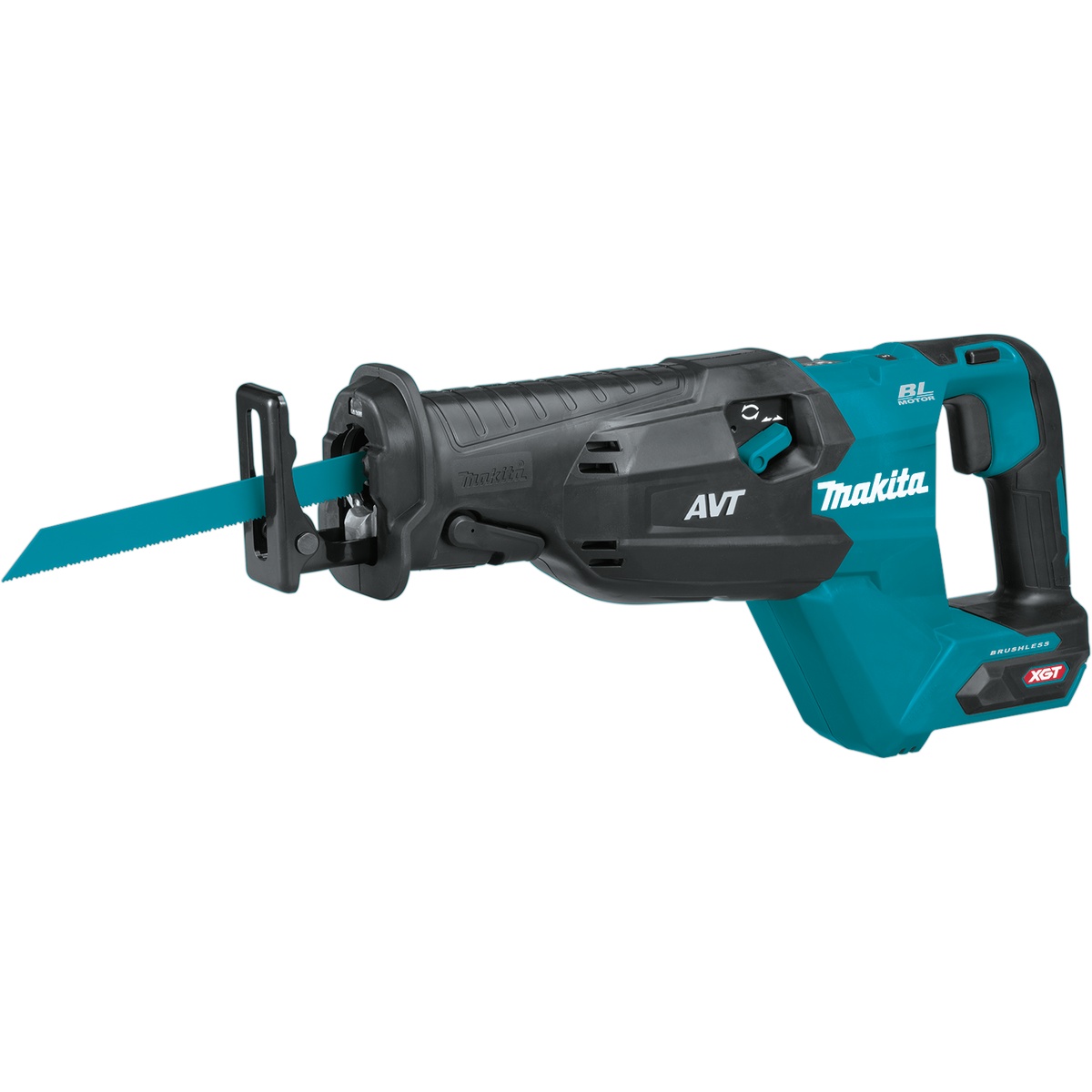 Makita GRJ02Z 40V max XGT Brushless Cordless AVT Orbital Recipro Saw, Tool Only side profile highlighting AVT housing and compact cordless design for jobsite demolition
