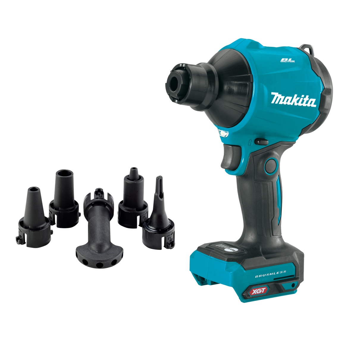 Makita GSA01Z 40V max XGT Brushless Cordless High Speed Dust Blower with included nozzles arranged for jobsite cleanup and targeted dust removal