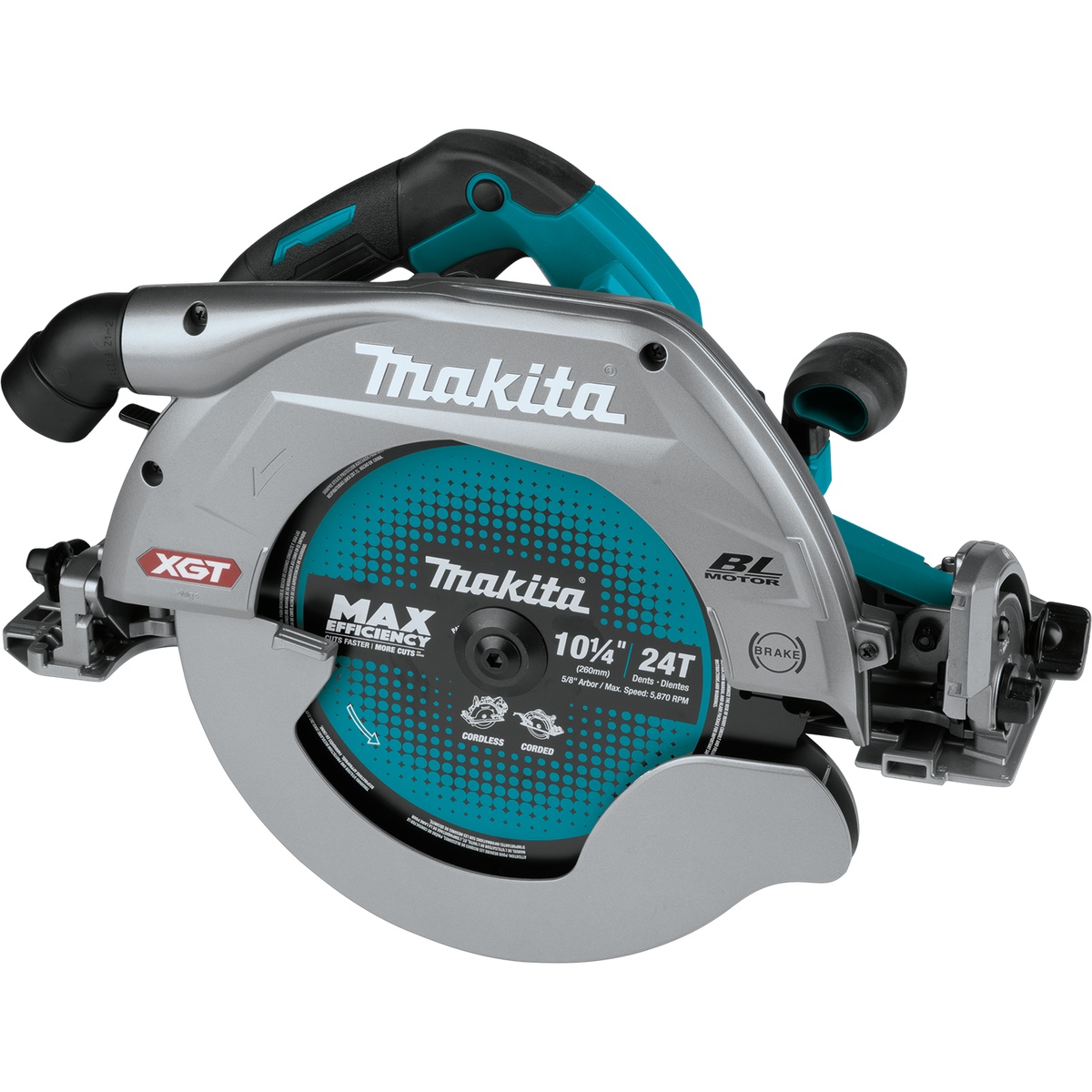 Makita GSH04Z 40V max XGT Brushless Cordless 10-1/4 inch circular saw product view showing magnesium guard, large blade, and guide rail compatible base for heavy-duty wood cutting