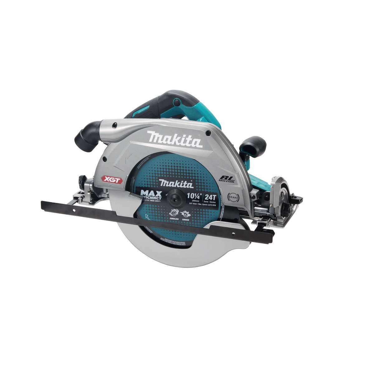 Makita GSH04Z 40V max XGT Brushless Cordless 10-1/4 inch circular saw with rip fence attached, shown ready for straight cutting on framing lumber or sheet goods in a shop or jobsite setup