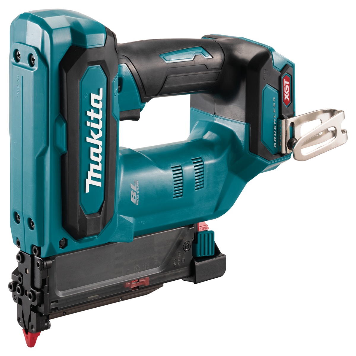Makita GTP01Z 40V max XGT Brushless Cordless Pin Nailer, 23 Ga., Tool Only shown in profile as a compact finish fastening nailer for trim, cabinet, and woodworking jobs