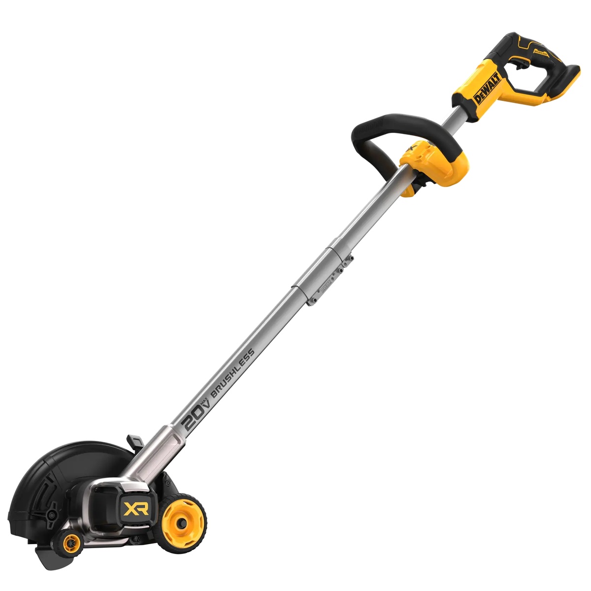 DEWALT 20V MAX Brushless Cordless Edger full tool view showing the long shaft, adjustable bail handle, and edger head on a clean background