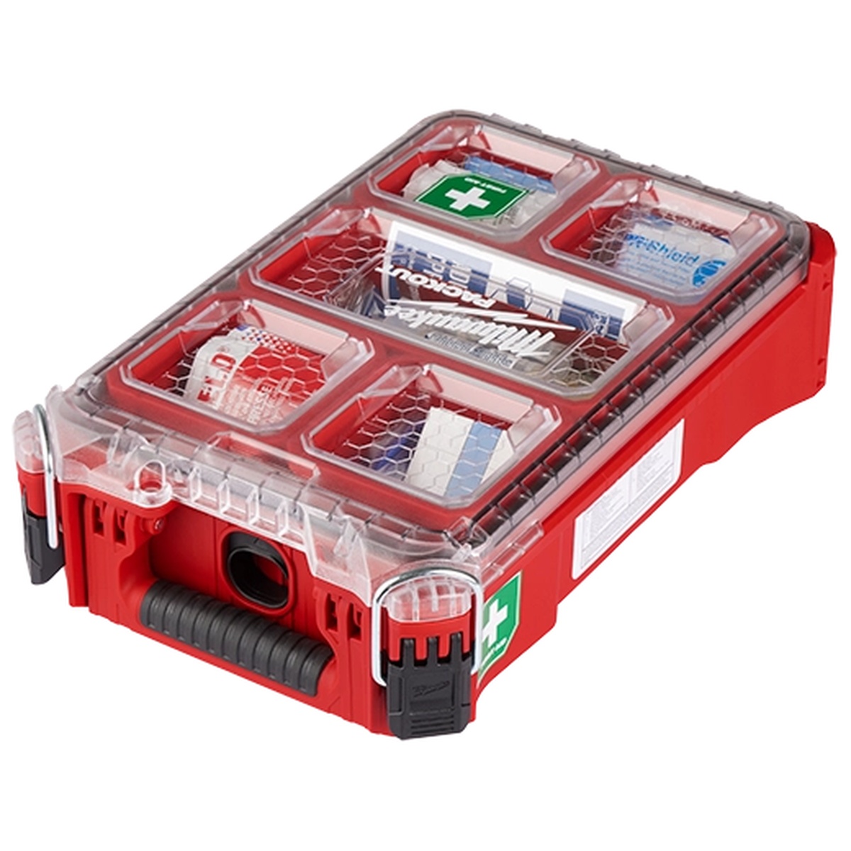 Closed Milwaukee PACKOUT first aid kit with clear sealed lid and heavy duty latches designed for jobsite transport and storage