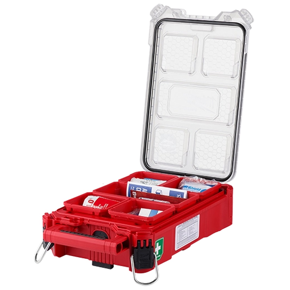 Open Milwaukee PACKOUT first aid kit showing organized medical supplies separated into compartments for quick access in a work setting
