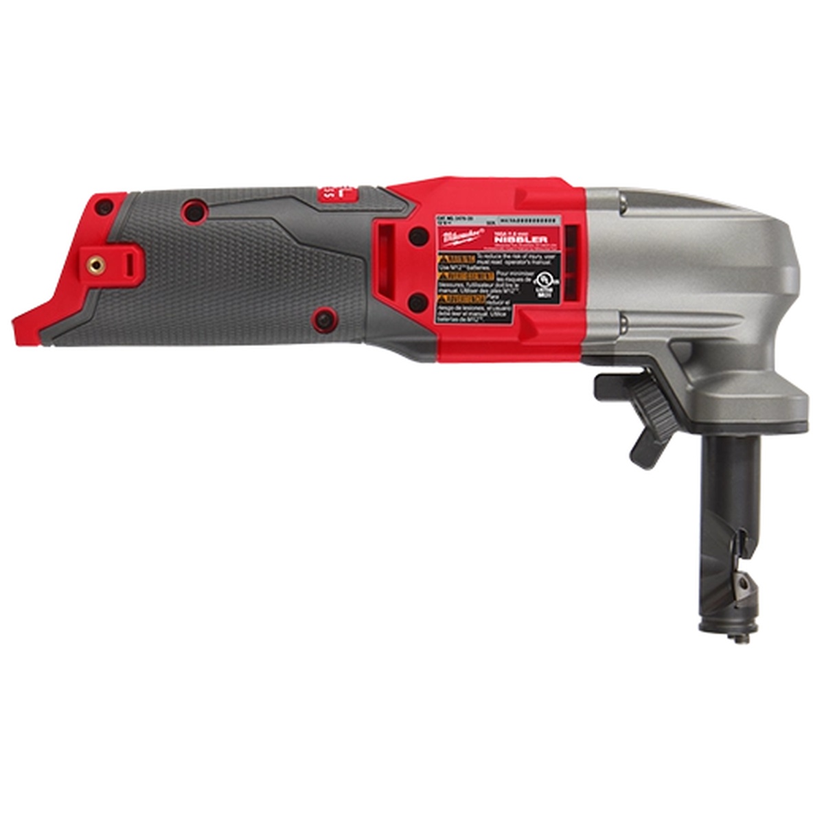 Milwaukee 2476-20 M12 FUEL 16 Gauge Variable Speed Nibbler profile view highlighting the rotating die holder and head design used for sheet metal cutting on duct and panels
