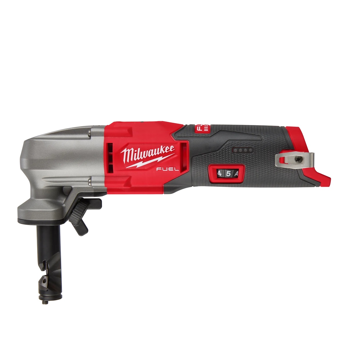 Milwaukee 2476-20 M12 FUEL 16 Gauge Variable Speed Nibbler side view showing the compact cordless nibbler body and cutting head for sheet metal work on HVAC and fabrication jobs
