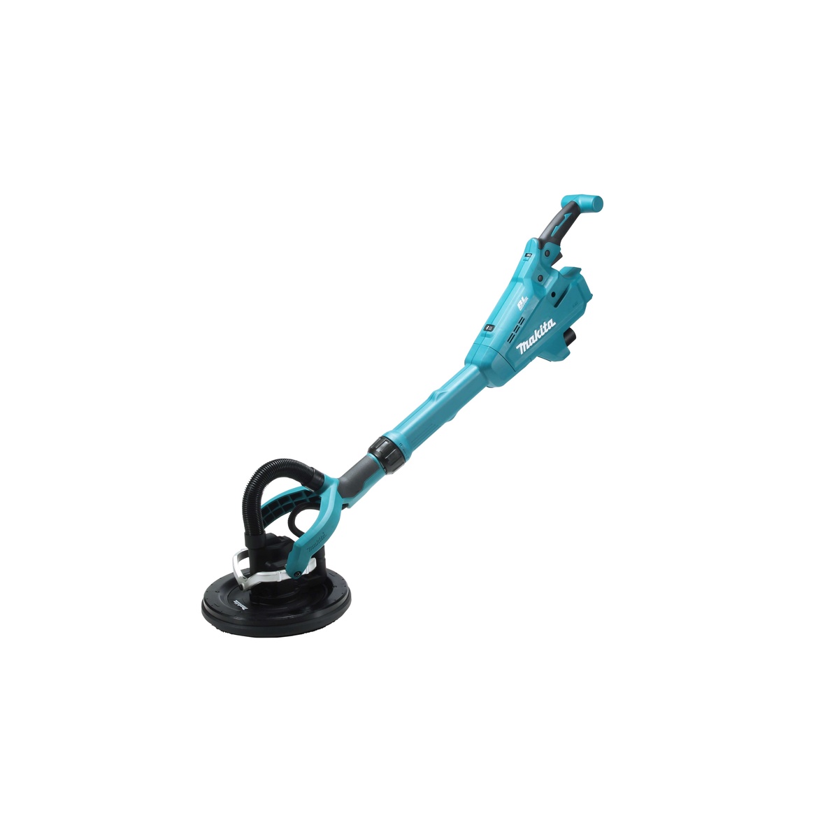 Makita XLS01ZX1 18V LXT Lithium-Ion Brushless Cordless 9 inch Drywall Sander shown with extended body and round sanding head for wall and ceiling drywall finishing work