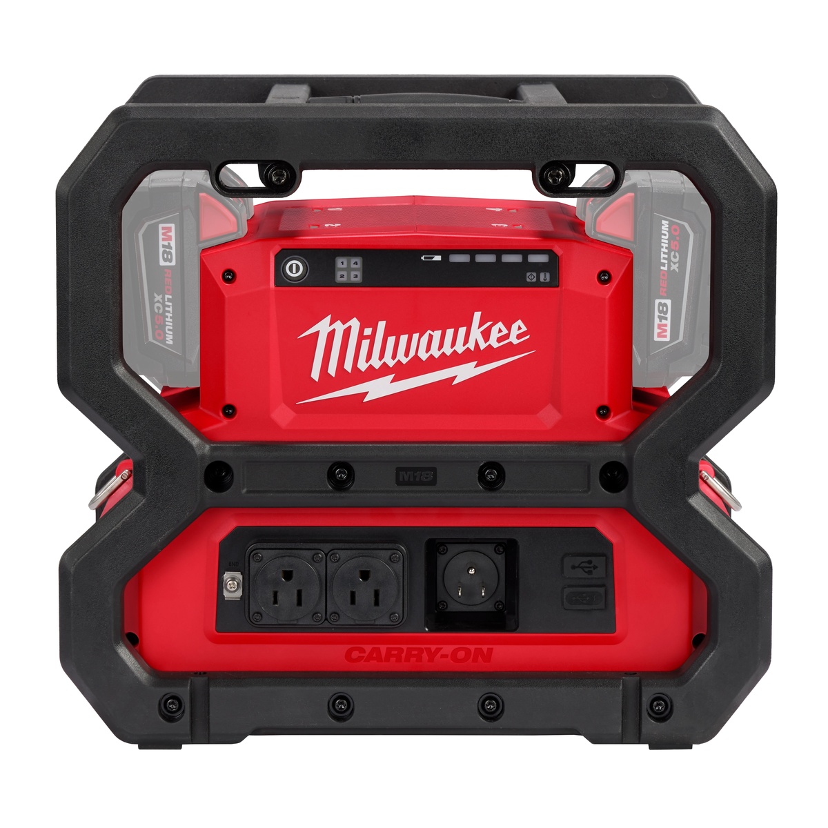 Milwaukee 2845-20 M18 CARRY-ON 3600W/1800W Power Supply front view showing battery bays, outlet panel, and USB charging ports