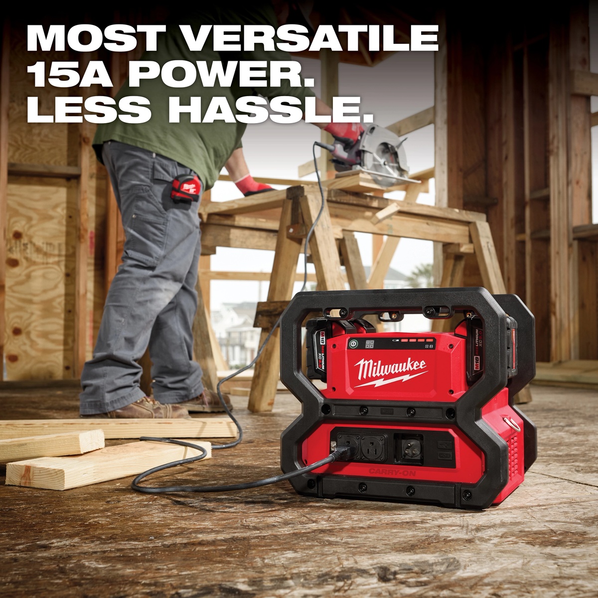 Milwaukee 2845-20 M18 CARRY-ON 3600W/1800W Power Supply running a corded saw inside a framed jobsite during cutting work