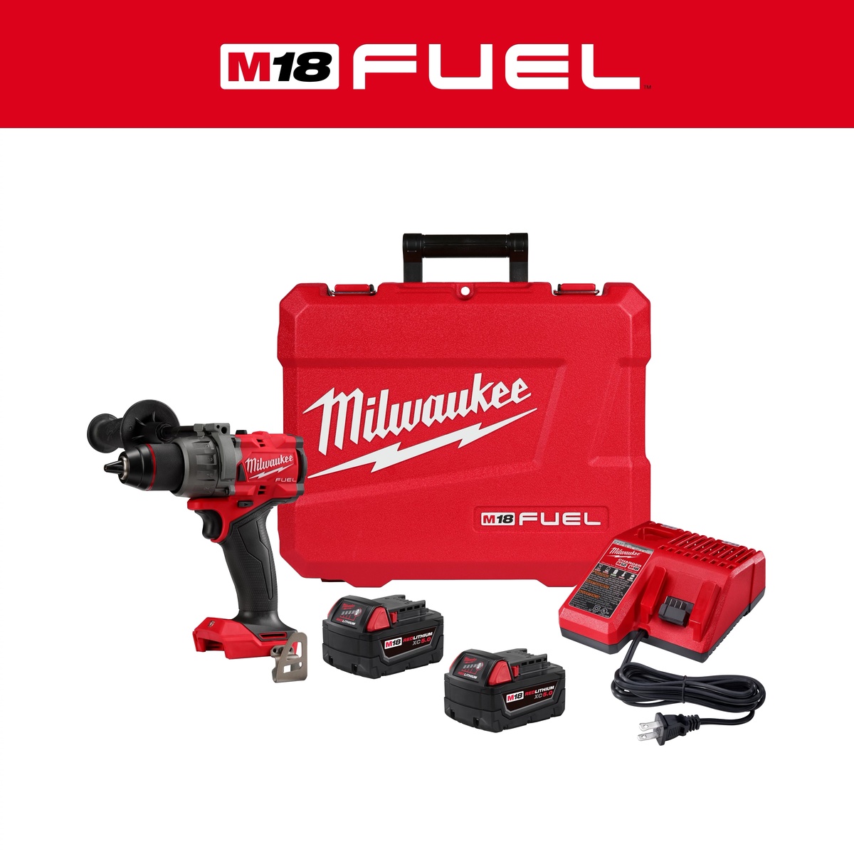 Milwaukee 2904-22 M18 FUEL 1/2-in. Hammer Drill/Driver Kit with drill, two XC5.0 batteries, multi-voltage charger, and hard case on a clean background