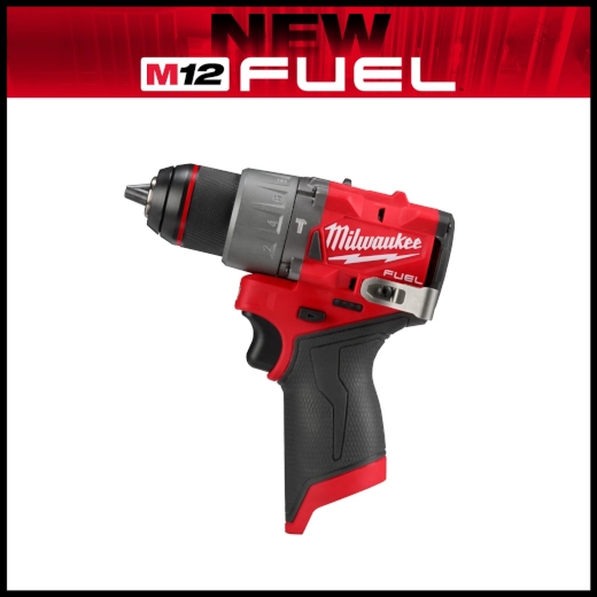Milwaukee M12 FUEL 1/2 in Hammer Drill Driver Bare Tool shown in profile on a clean background, highlighting the compact body for drilling and fastening in tight work areas