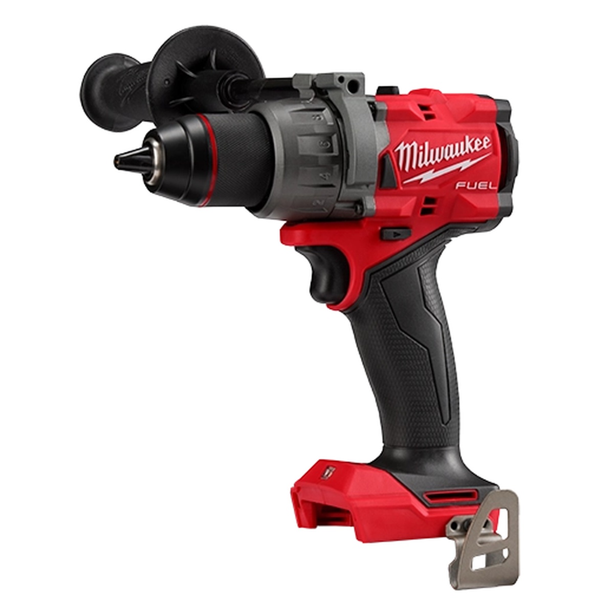 Milwaukee 3697-22 M18 FUEL hammer drill shown with side handle and keyless chuck for drilling and driving in tight framing and remodeling spaces