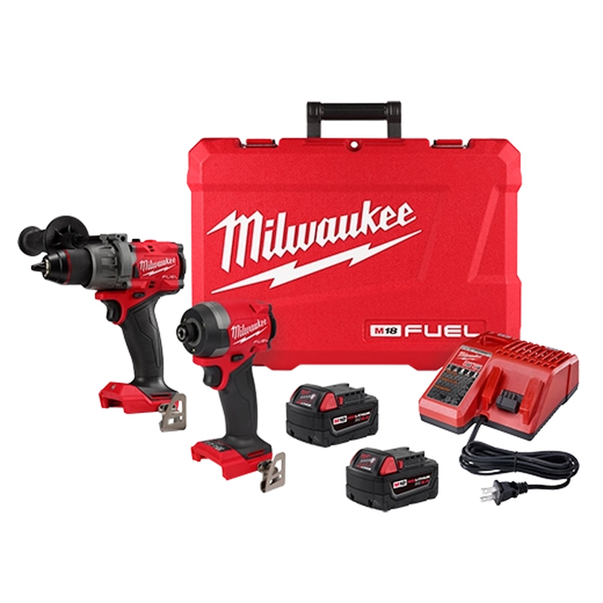 Milwaukee 3697-22 M18 FUEL 2-Tool Combo Kit with hammer drill, impact driver, batteries, charger, and carry case arranged for jobsite transport