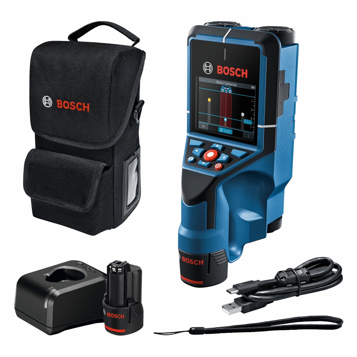 Bosch D-Tect200C 12V Max Wall/Floor Scanner with Radar Kit shown with battery, charger, soft pouch, USB cable, and wrist strap for mobile jobsite scanning and documentation