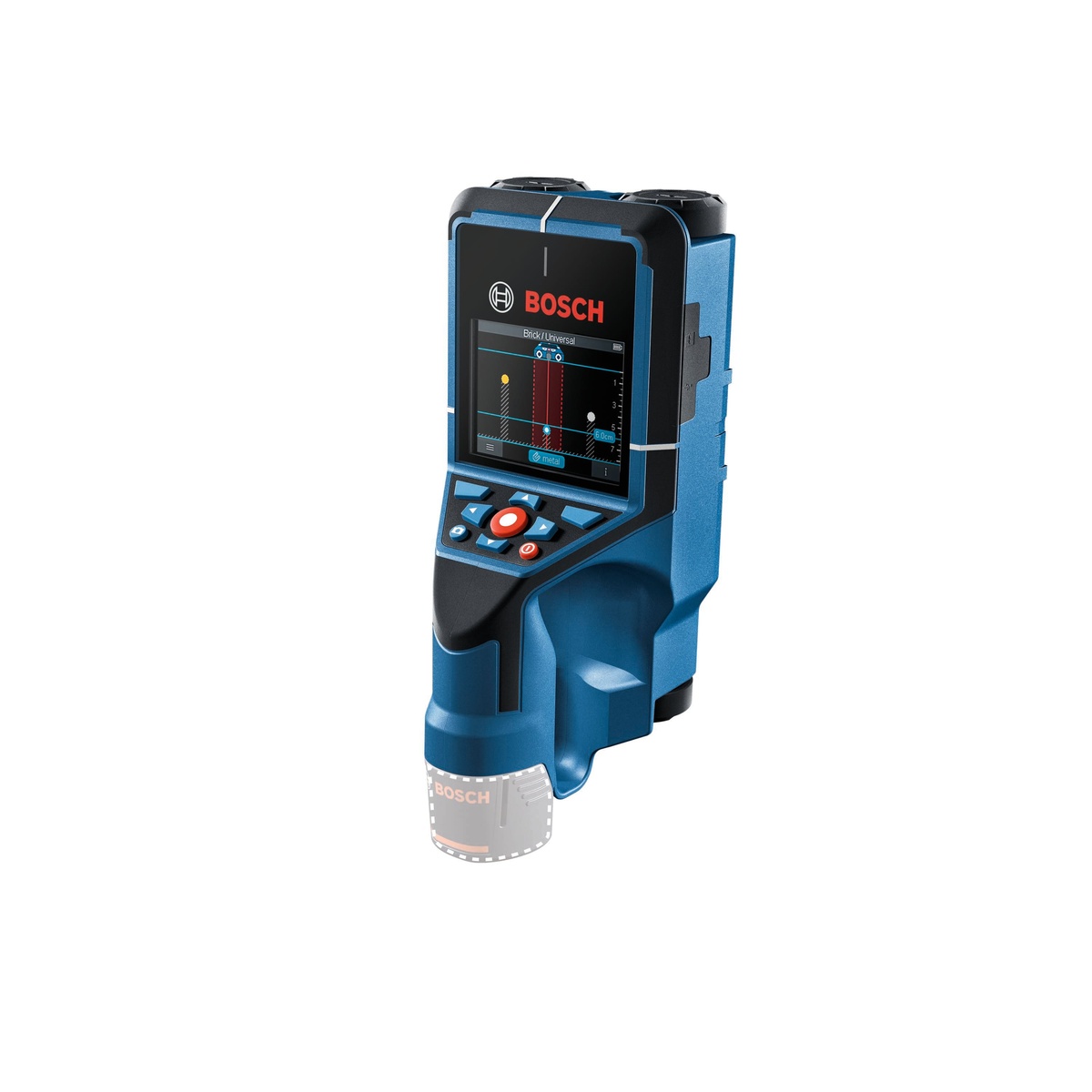 Bosch D-Tect200C 12V Max Wall/Floor Scanner with Radar Kit angled product view highlighting compact body and display for scanning corners and tight spaces in finished interiors