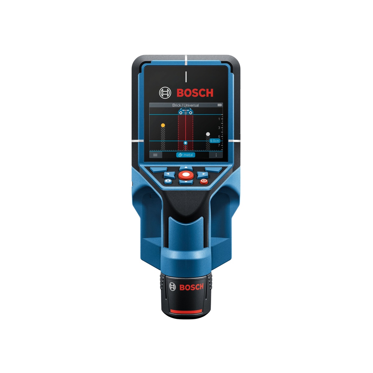 Bosch D-Tect200C 12V Max Wall/Floor Scanner with Radar Kit front display showing object detection data for hidden material inside a wall during layout and inspection work