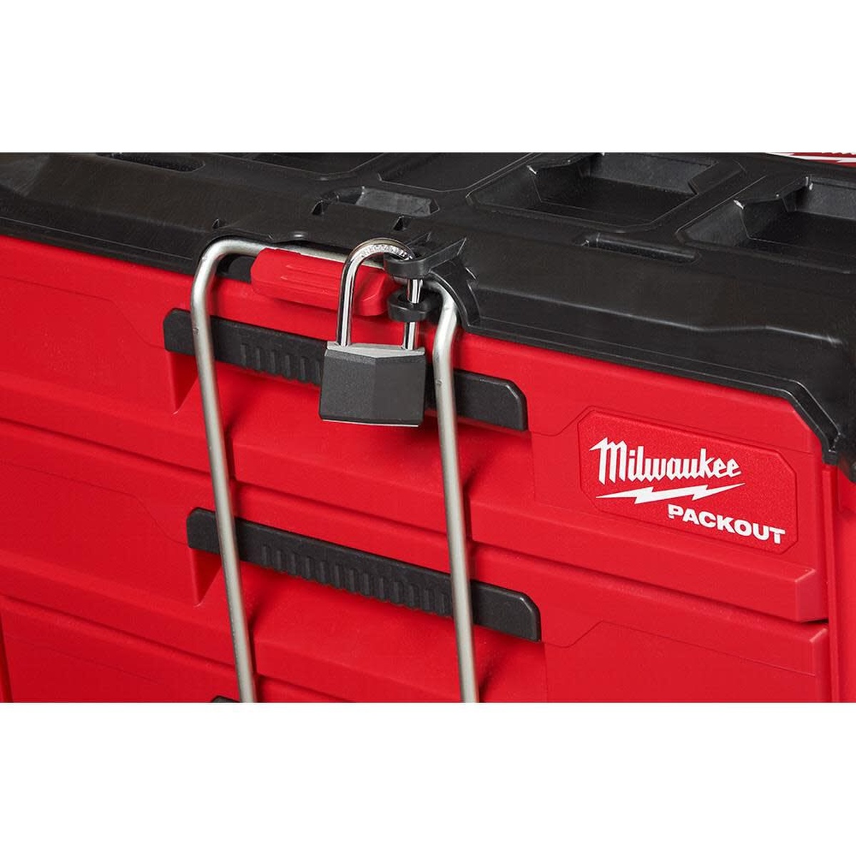 Milwaukee 48-22-8442 PACKOUT 2-Drawer and 3-Drawer Tool Box Bundle locking security bar securing the drawers closed for transport in a work truck or jobsite setup