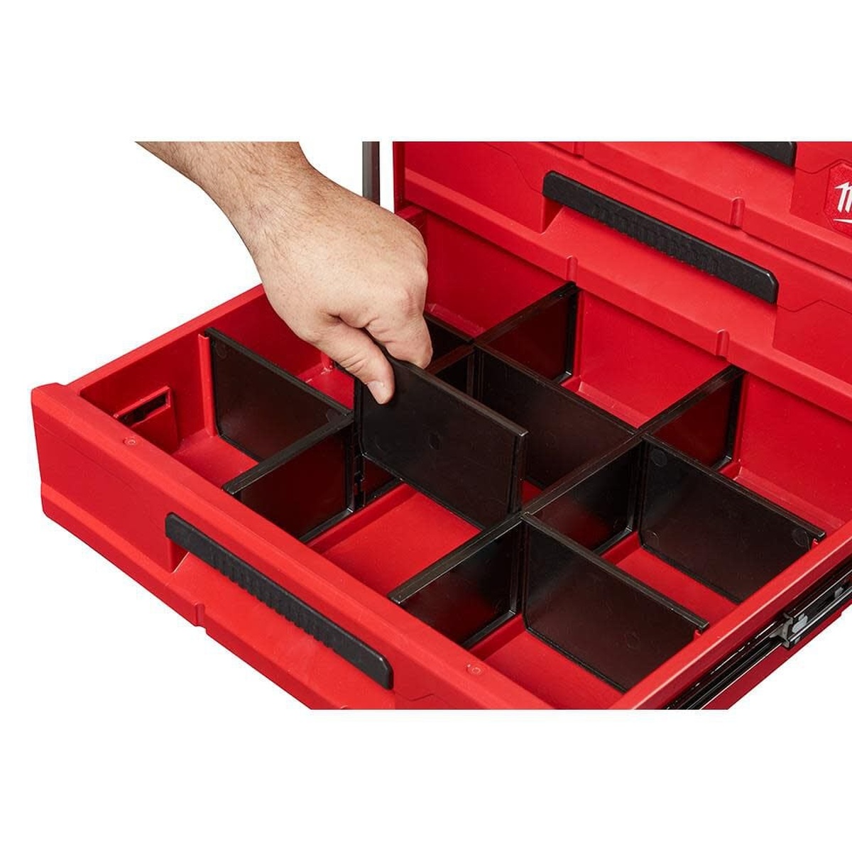 Milwaukee 48-22-8442 PACKOUT 2-Drawer and 3-Drawer Tool Box Bundle drawer with quick-adjust dividers arranged for fasteners, fittings, and small tool organization