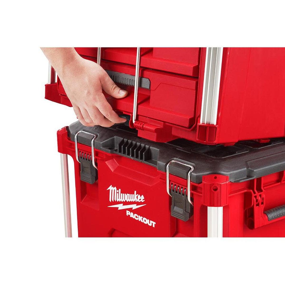 Milwaukee 48-22-8442 PACKOUT 2-Drawer and 3-Drawer Tool Box Bundle connecting onto another PACKOUT toolbox in a modular storage stack for jobsite transport