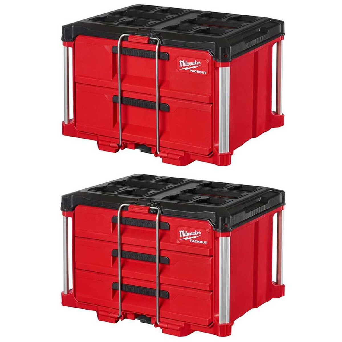 Milwaukee 48-22-8442 PACKOUT 2-Drawer and 3-Drawer Tool Box Bundle showing both drawer toolbox units together for organized tool storage on the jobsite