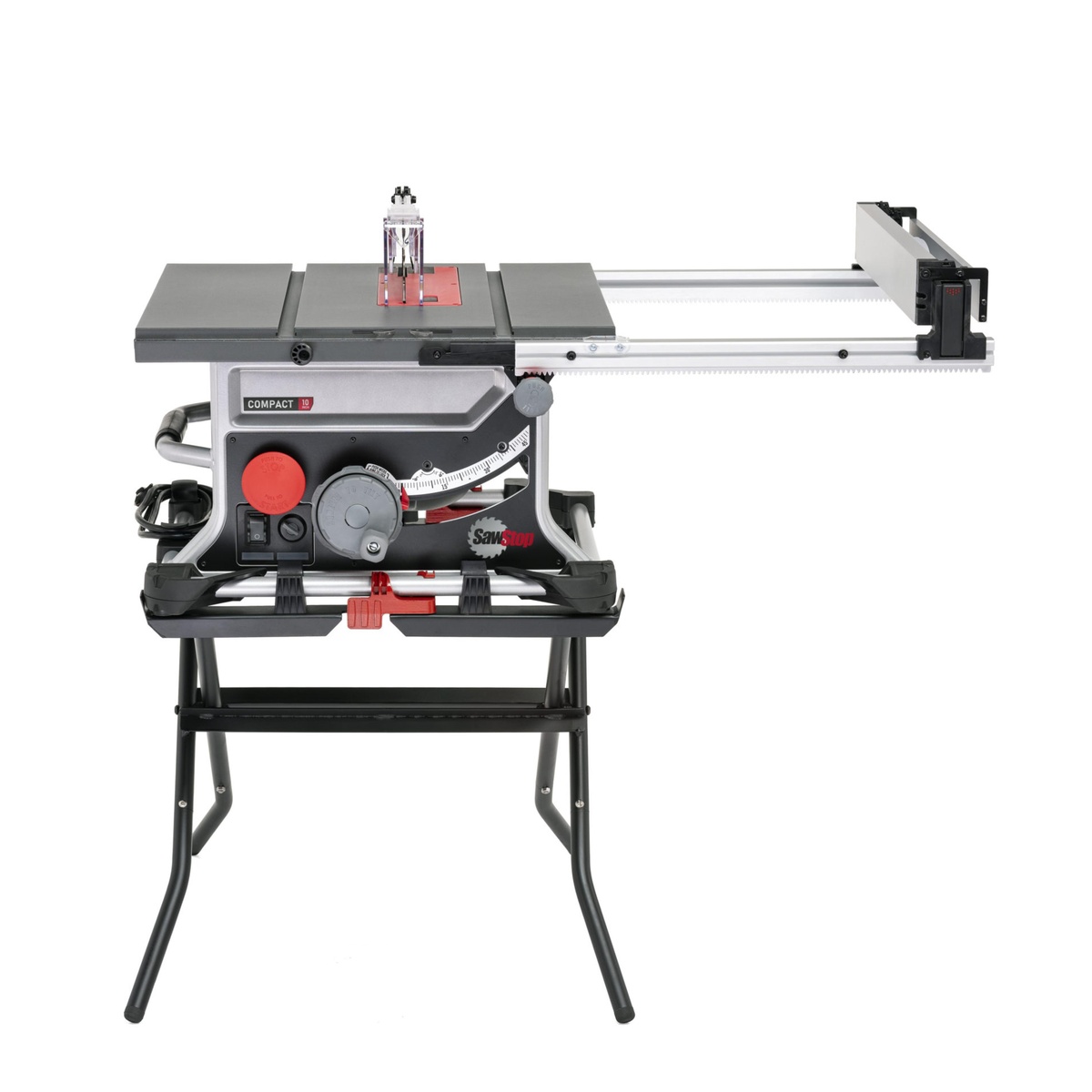 SawStop CTS-120A60 10 inch Compact Table Saw with fence extended on stand showing wide rip capacity for sheet goods and trim work