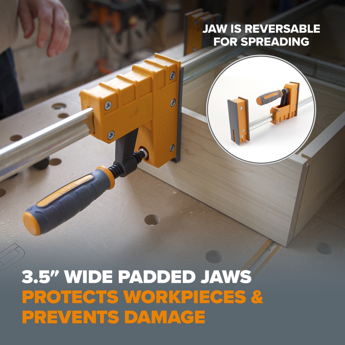 Bora 571550I 4-Piece Parallel Clamp Set clamping a wood drawer box on a workbench, showing the 3.5 inch padded jaws protecting the workpiece during a woodworking glue-up