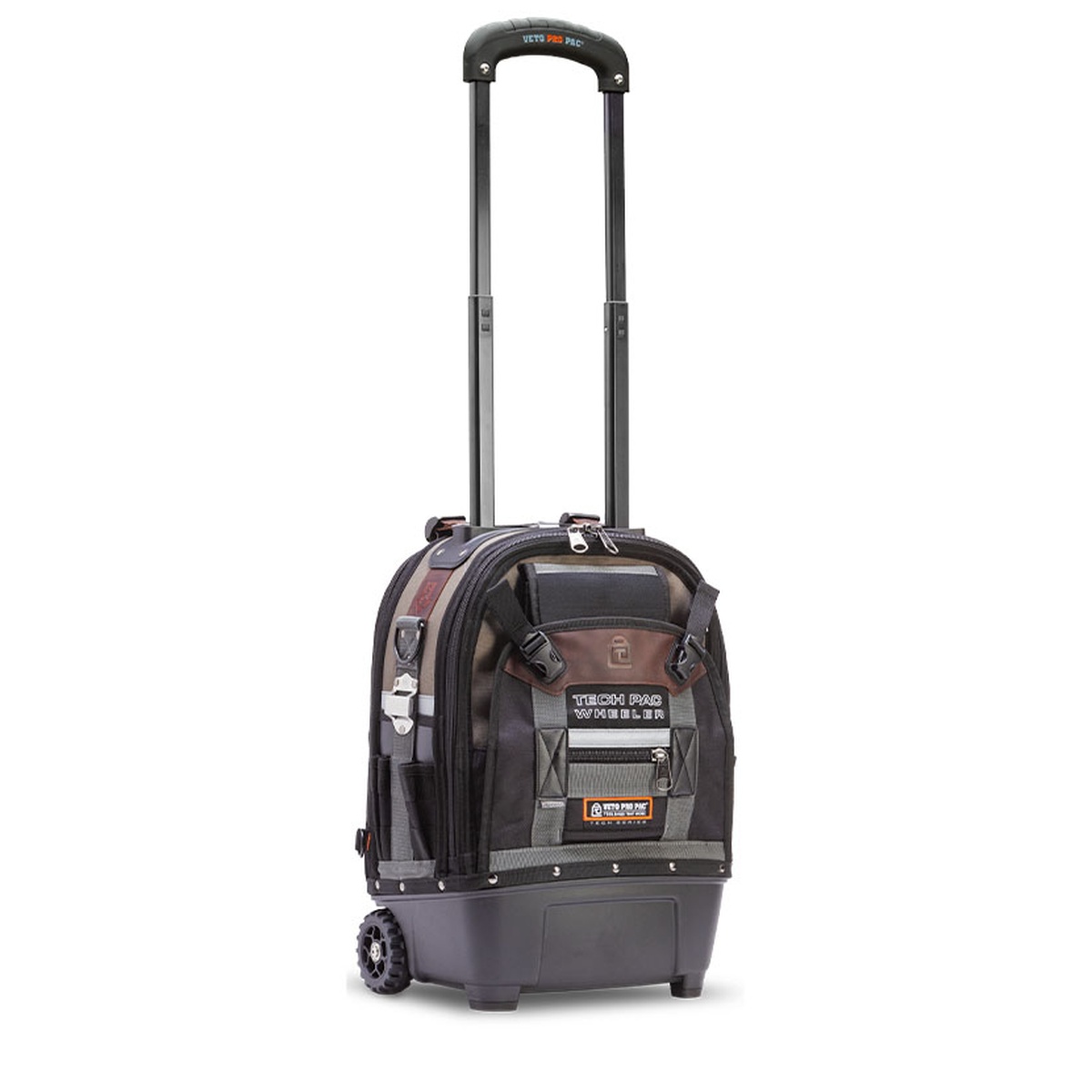 Veto Pro Pac Tech Pac Wheeler backpack tool bag with extended trolley handle, shown as a rolling tool storage setup for moving service tools across commercial jobsites