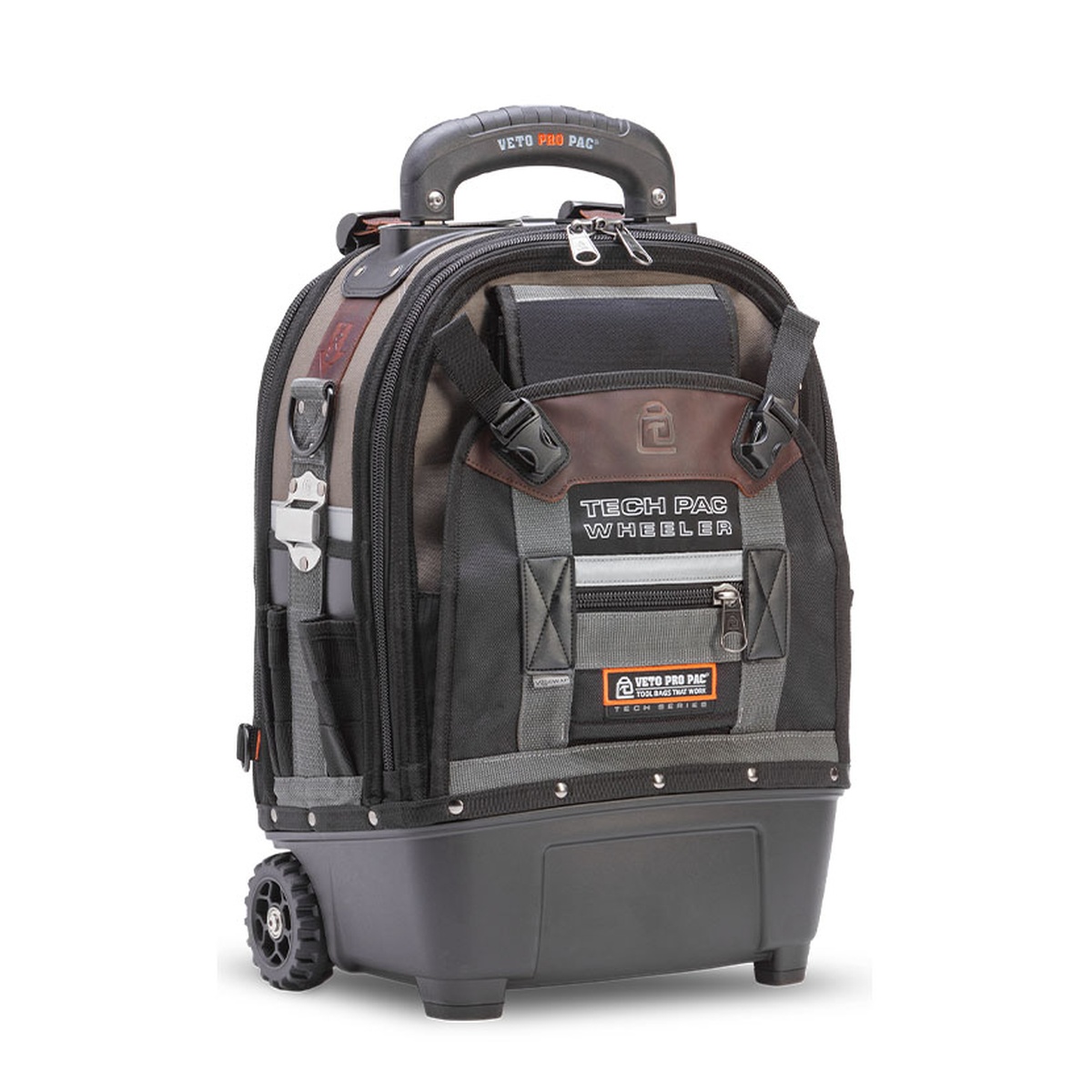 Veto Pro Pac Tech Pac Wheeler backpack tool bag shown from the front with zippered compartments and structured pocket layout for electrical and HVAC service tools