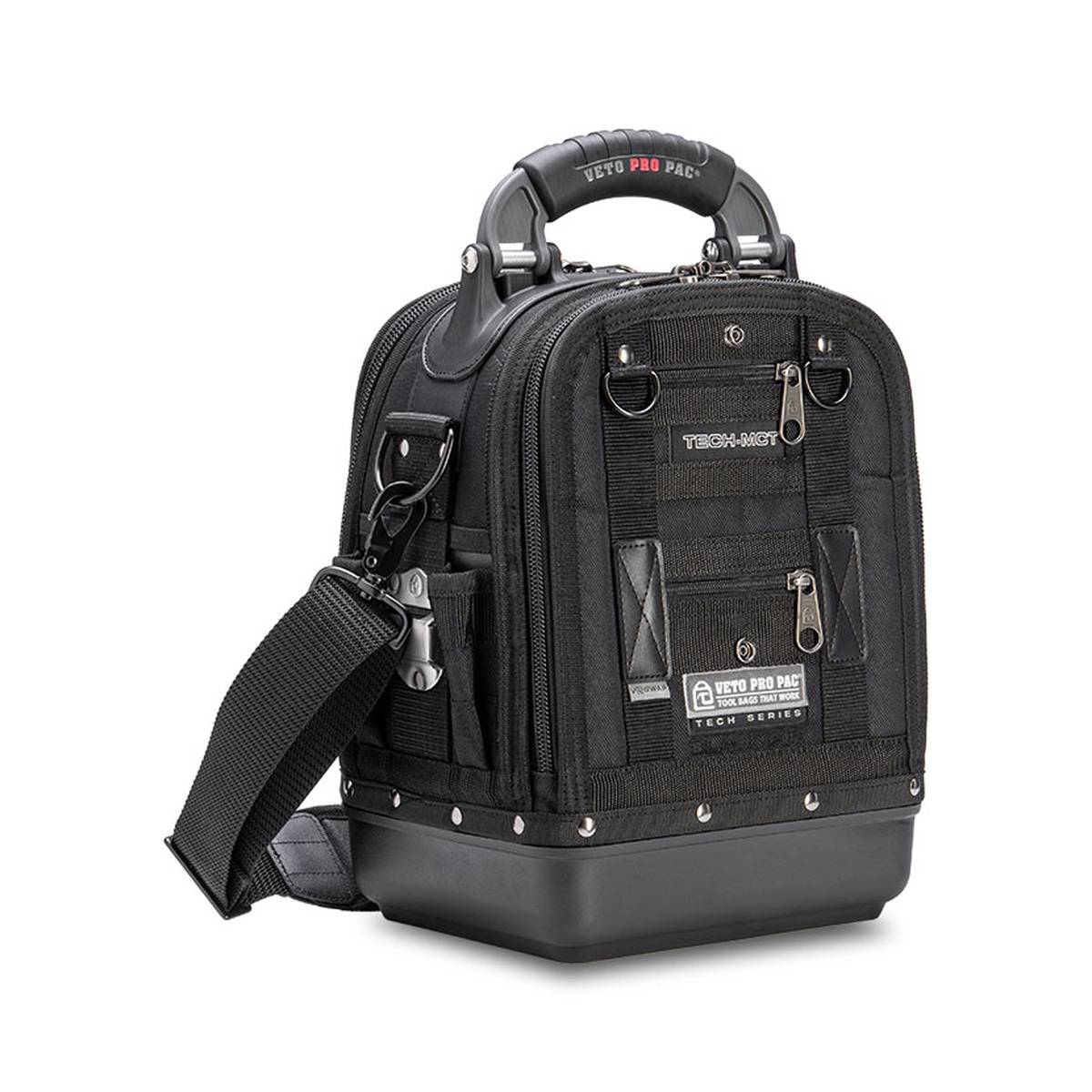 Veto Pro Pac TECH-MCT BLACKOUT tool bag with shoulder strap attached on a clean studio background, showing the technician bag carry options and structured body for daily service use