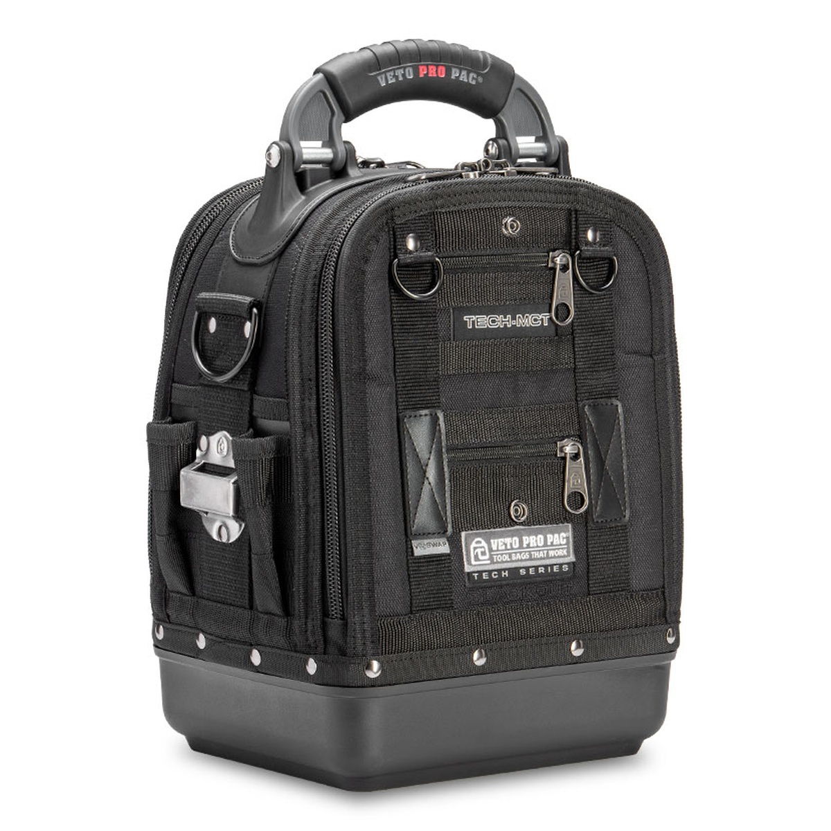 Veto Pro Pac TECH-MCT BLACKOUT tool bag shown from the front on a clean studio background, highlighting the compact technician bag shape, front storage layout, and molded waterproof base for service work
