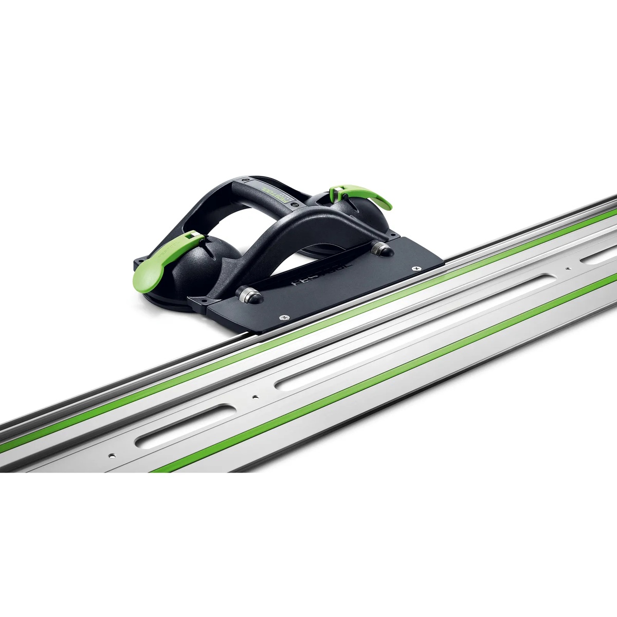Festool 577294 Gecko Suction Handle with AD-DOSH-FS Guide Rail Adapter mounted beside a Festool FS guide rail for cutting and routing alignment
