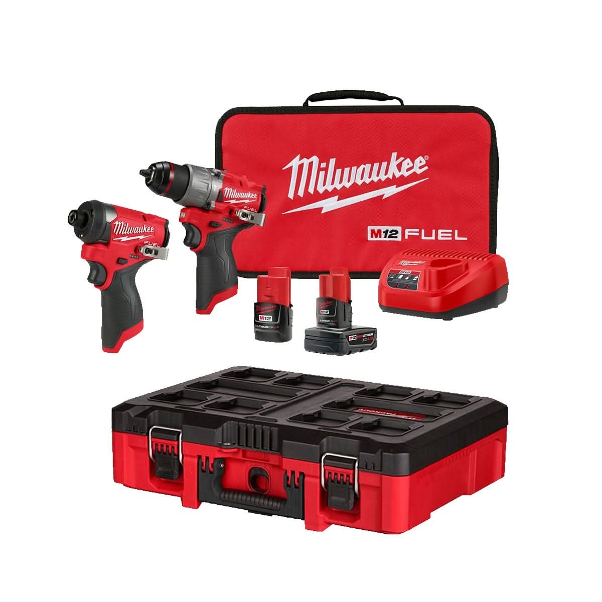 Milwaukee 3497-22 M12 FUEL Gen4 1/2-in. Drill Driver and 1/4-in. Hex Impact Driver Combo Kit with PACKOUT Tool Case with Customizable Insert displayed as a complete compact cordless drilling and fastening system for trade work