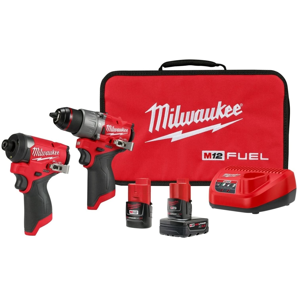 Milwaukee 3497-22 M12 FUEL Gen4 1/2-in. Drill Driver and 1/4-in. Hex Impact Driver Combo Kit with charger, batteries, and contractor bag shown as a compact cordless drilling and fastening setup for service work and tight jobsite spaces