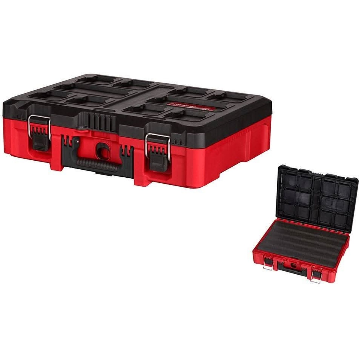 Milwaukee PACKOUT tool case with customizable insert shown closed and open for storing the Milwaukee 3697-22 combo kit in a truck, shop, or jobsite environment