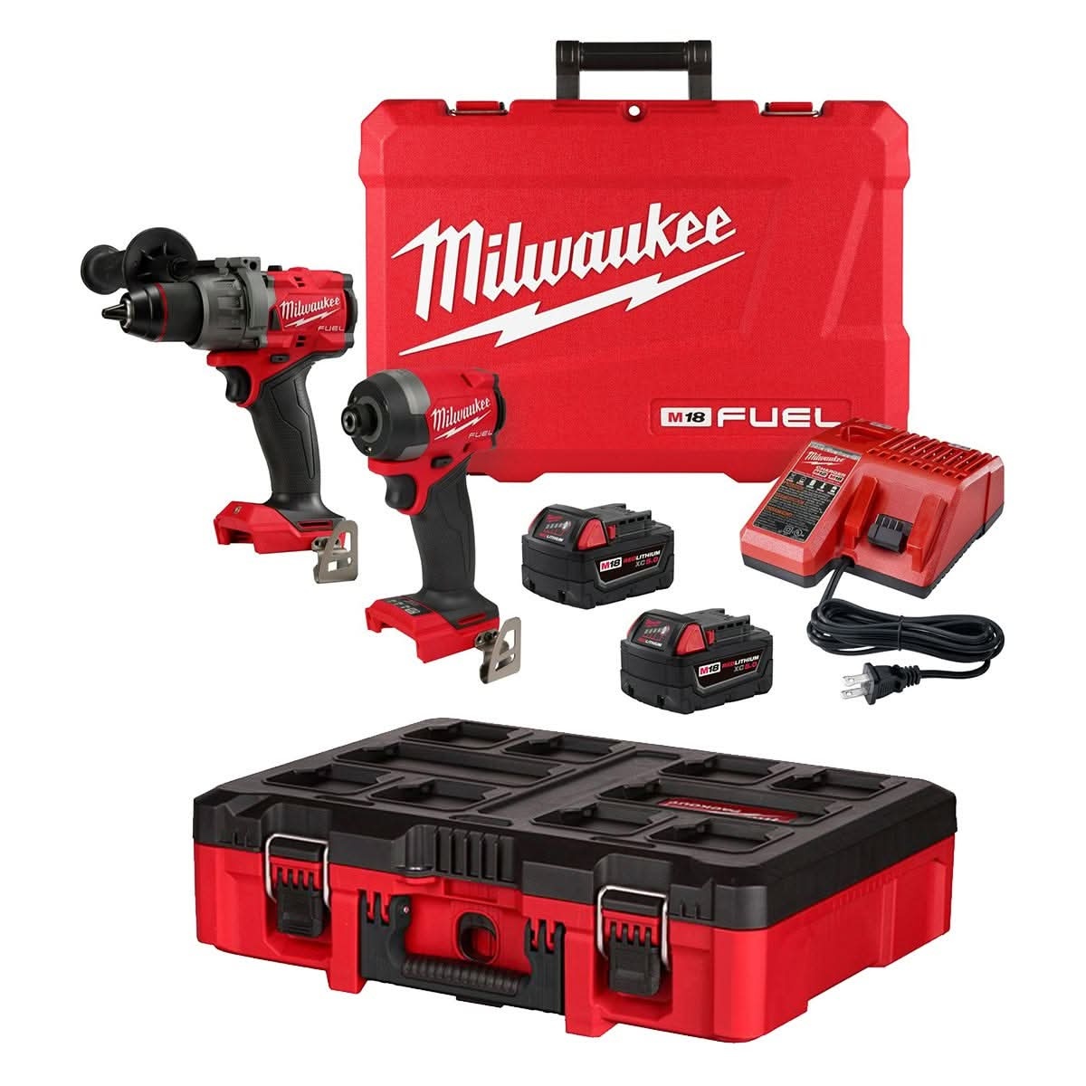 Milwaukee 3697-22 M18 FUEL Gen4 1/2-in. hammer drill and 1/4-in. hex impact driver combo kit with batteries, charger, hard case, and PACKOUT tool case laid out for jobsite transport and tool organization