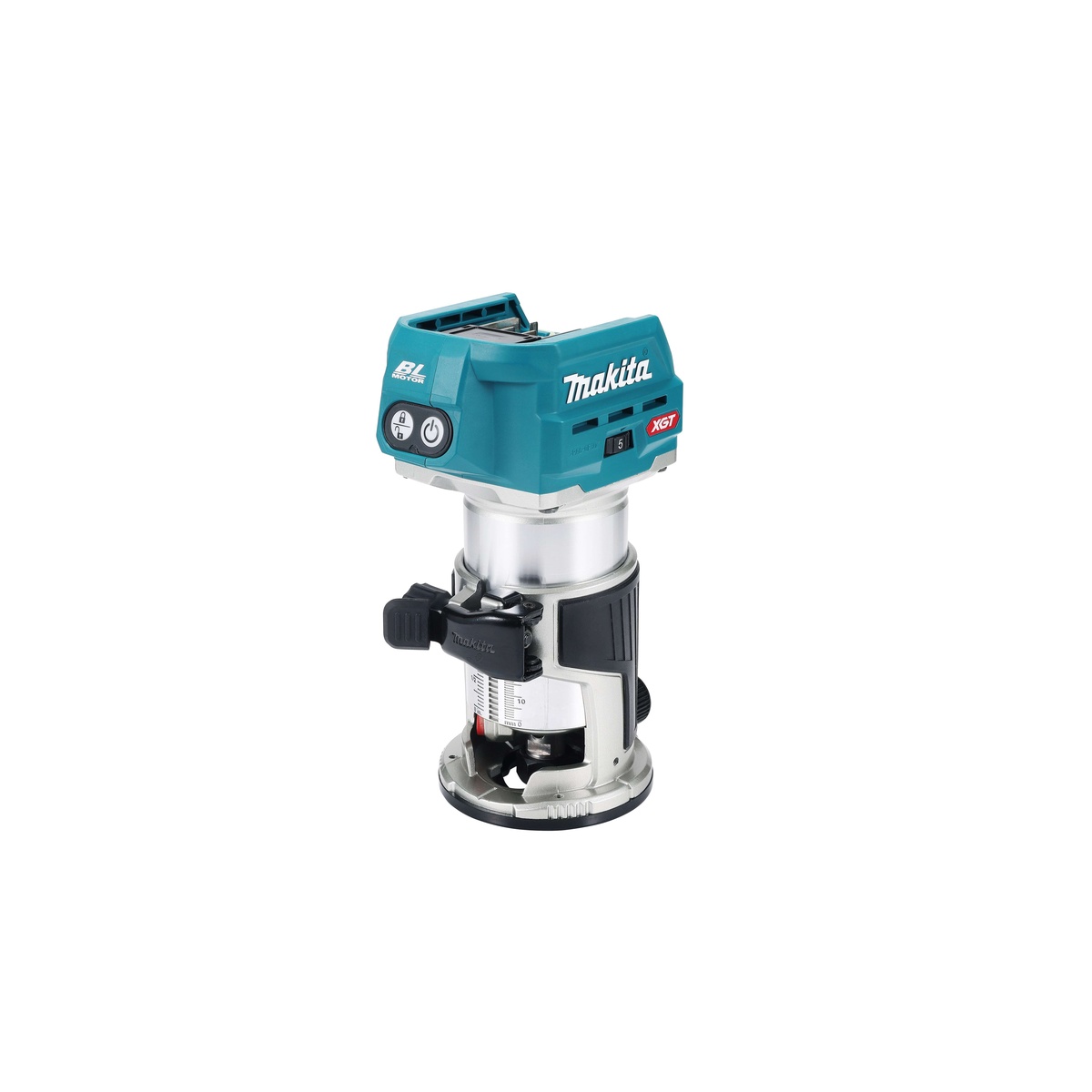 Makita GTR01Z 40V max XGT Brushless Cordless Compact Router compact body and aluminum base shown for portable jobsite woodworking and cabinet installation