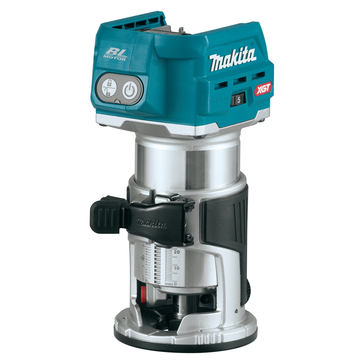 Makita GTR01Z 40V max XGT Brushless Cordless Compact Router shown in fixed base configuration for edge routing and trim work in a woodworking shop